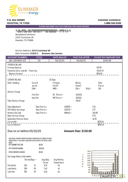 USA Texas Summer Energy Modèle de facture de services publics facile à remplir aux formats Word et PDF